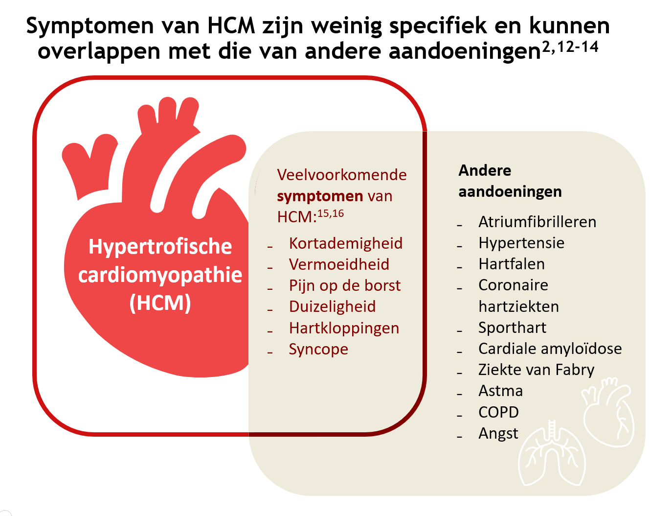 <div class="pt-5 block block-bms-theme block-content-block">                  <p>De diagnose van HCM wordt bemoeilijkt doordat symptomen kunnen overlappen met die van andere aandoeningen. De aanwezigheid van één van de onderstaande klinische symptomen kan reden zijn om HCM te vermoeden en nader onderzoek te doen.<sup>11</sup></p>      </div>